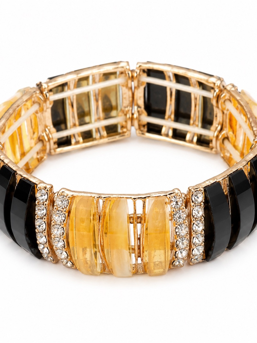 Stretch Bracelet Black Gold Tone Rhinestone Resin Statement Bracelet Chunky